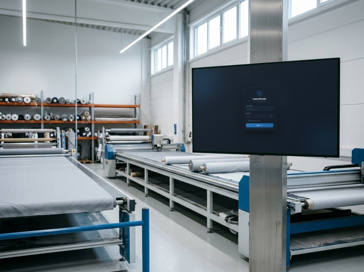 Cutting room with conveyor cutting tables and a large wall display running Cutting Manager