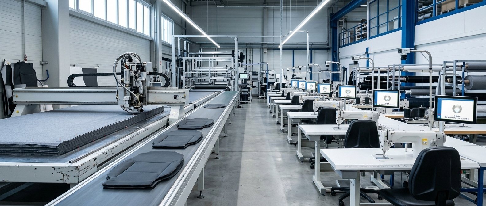 Seat-cover plant with an automated cutting table on the left and a row of sewing stations with vision sensors and ODS screens on the right