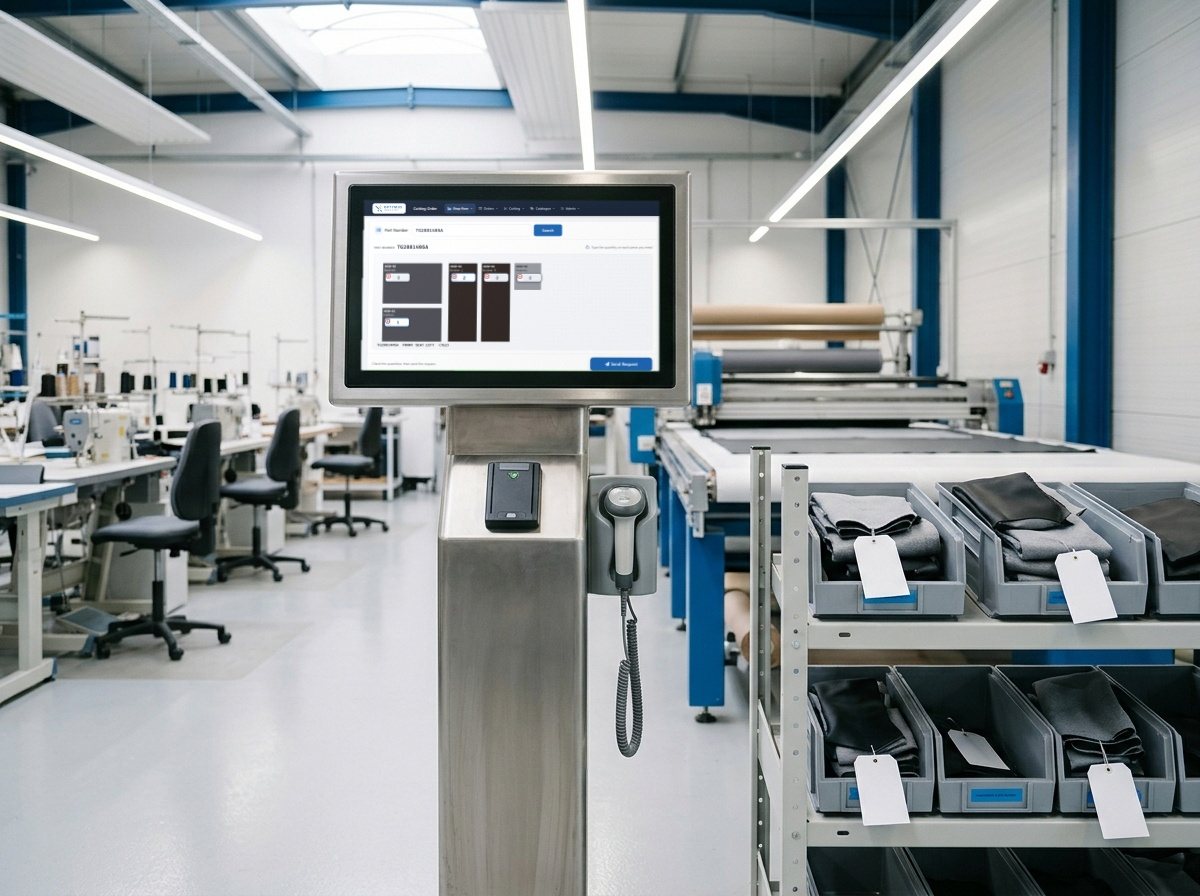 Touchscreen terminal showing the recut order screen with the pieces of a seat cover, next to shelves of tagged bins with cut pieces