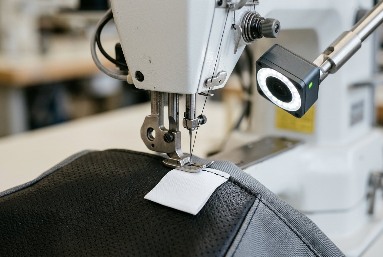 Close-up of a vision sensor with a white LED ring checking a label as it is sewn into a leather and fabric seam
