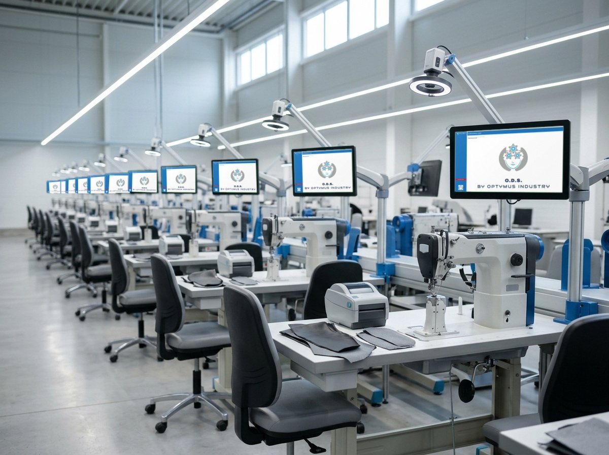 A row of sewing stations, each with a vision sensor on a steel arm above the needle and an ODS touchscreen