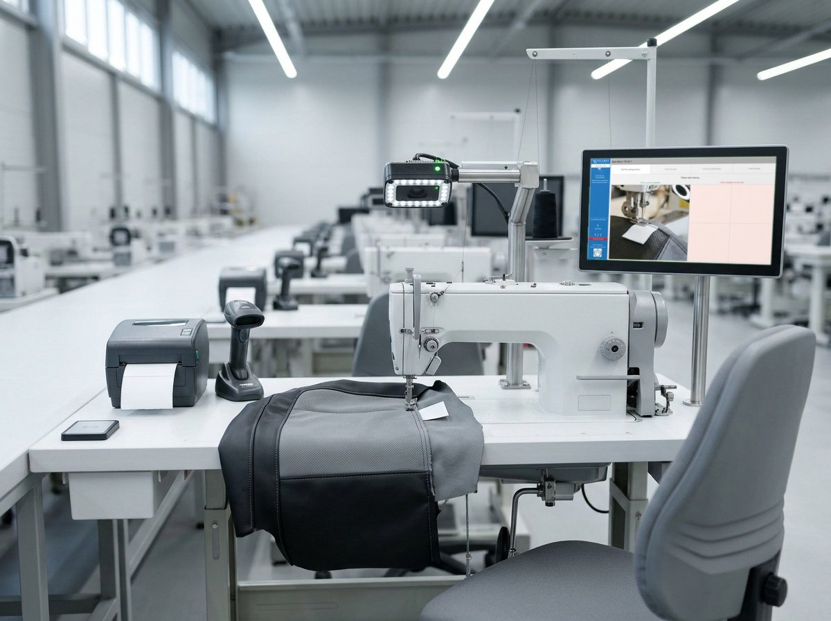 ODS sewing station: a vision sensor above the needle, the ODS operator screen on an arm, a label printer, a barcode scanner and a badge reader