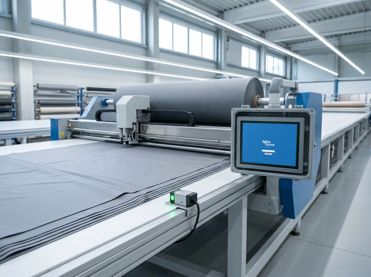 Automatic spreader laying layers of grey fabric, with the Splice System touchscreen on the carriage