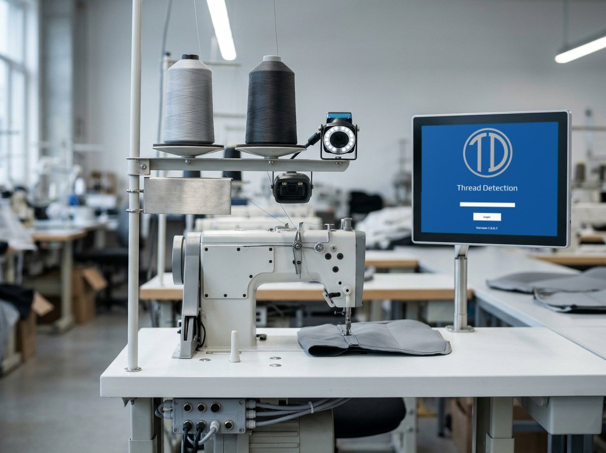Twin-needle sewing station with two thread cones, a scanner and a camera aimed at them, and the Thread Detection screen